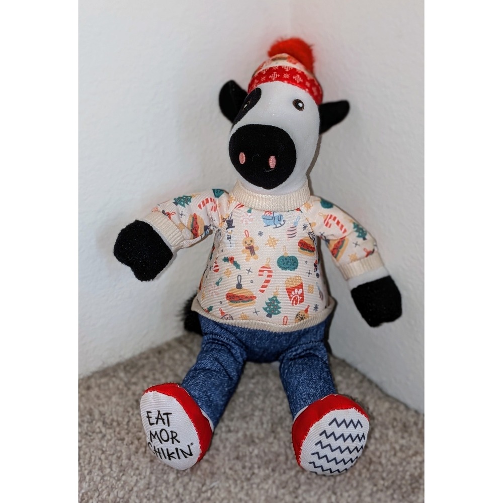 Chick-fil-A Plush Cow 2024 Christmas Sweater Hat Eat Mor Chikin Stuffed Animal